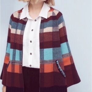 Anthropologie HWR Monogram Plaid Wool Zip Cardigan Embroidered Trim XSmall